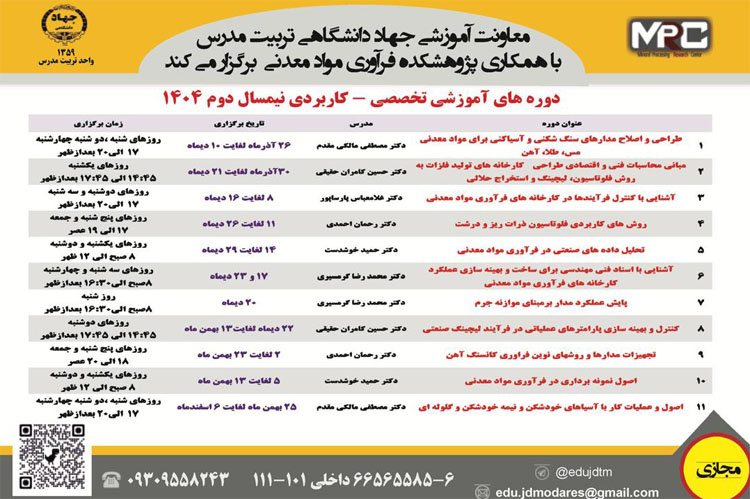 معاونت آموزشی جهاد دانشگاهی تربیت مدرس با همکاری پژوهشکده فرآوری مواد معدنی برگزار می کند